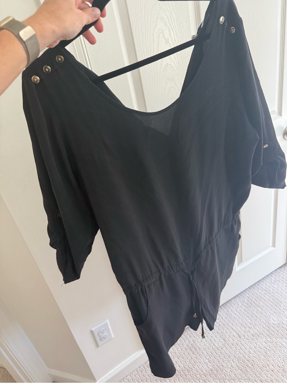 Amanda Uprichard Black Drawstring Waist Romper with Button-Tab Sleeves